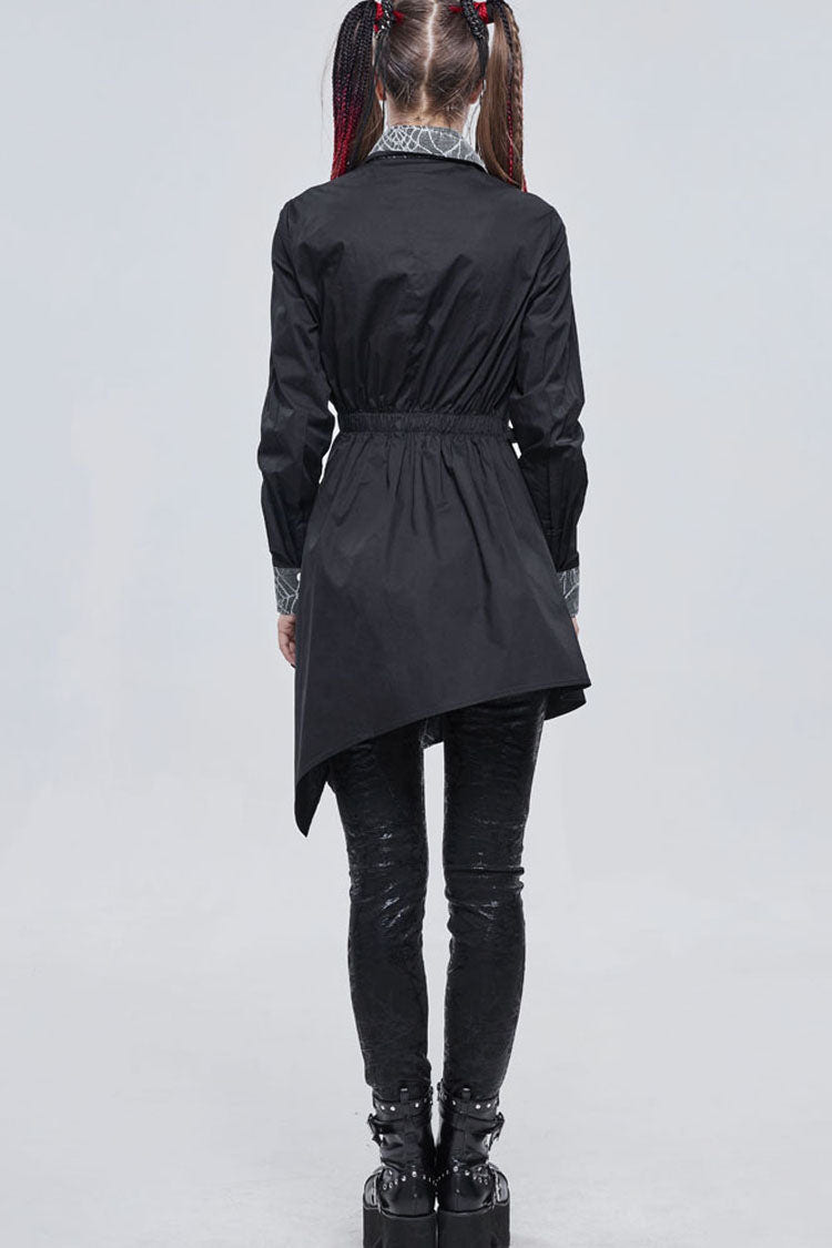 Black Gothic Patchwork Lace Spider Web Design Asymmetric Pleats Metal D-Shaped Buckle Decoration Long Women's Shirt - Product - 8