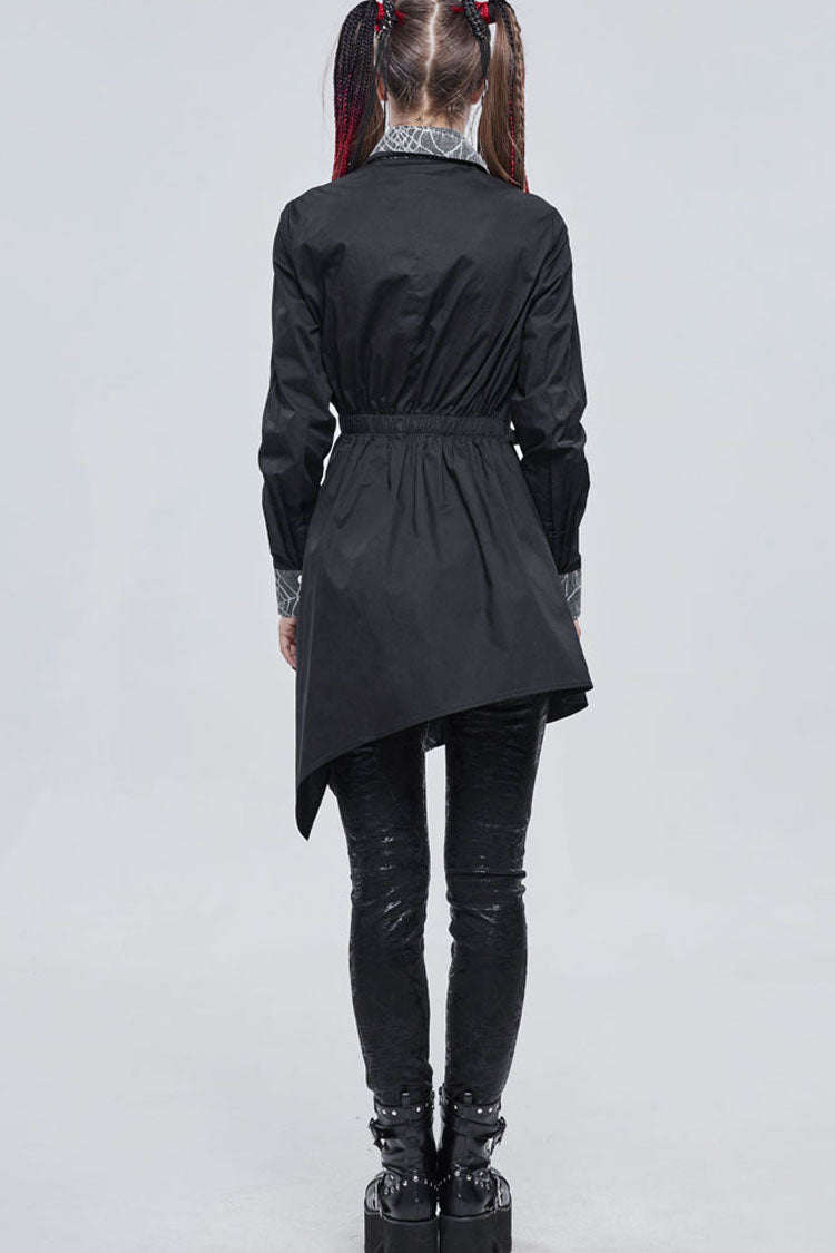 Black Gothic Patchwork Lace Spider Web Design Asymmetric Pleats Metal D-Shaped Buckle Decoration Long Women's Shirt - Product - 8