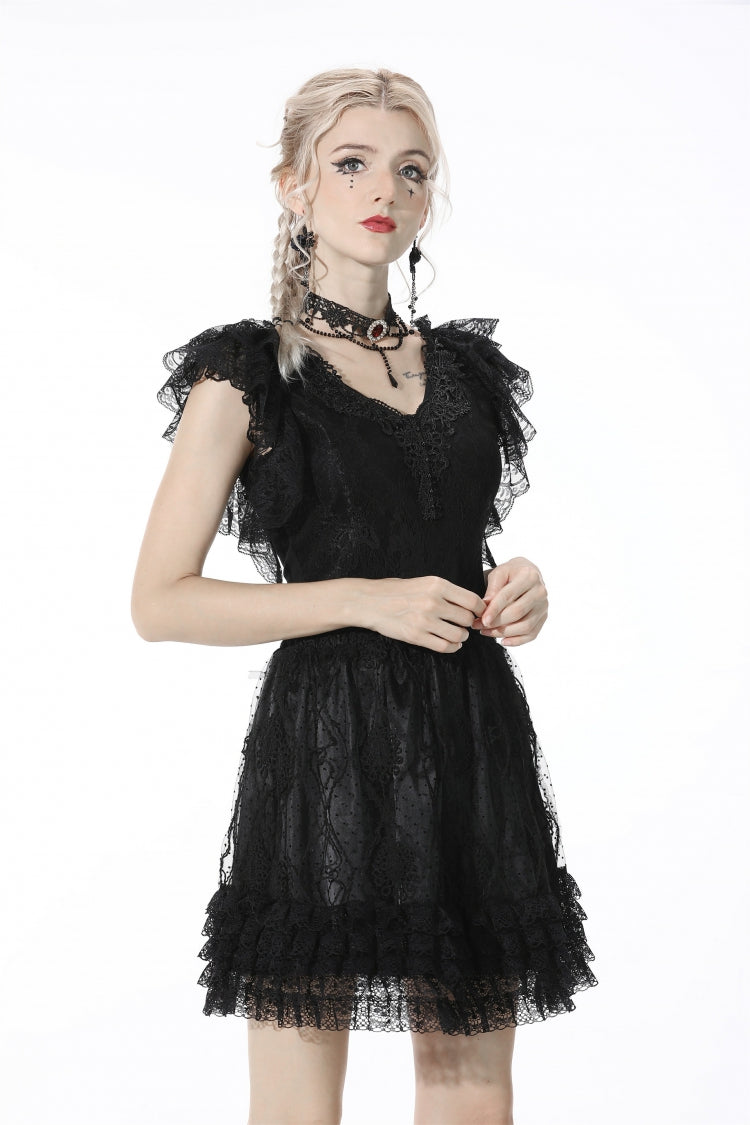 Black Plunging V Collar Short Sleeves Ruffled Lace Sexy Women's Gothic Crop Top - Product - 7