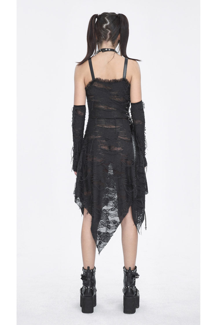 Black Sleeveless Lace Irregular Womens Gothic Strap Dress - Product - 6