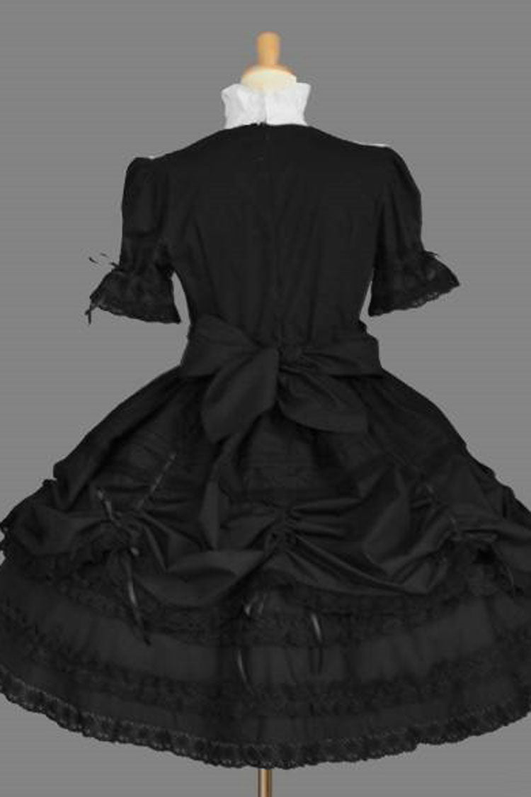 Black/White Cotton Stand Collar Long Sleeves Bowknot Ruffled Multi-Layer Gothic Lolita Dress - Product - 2