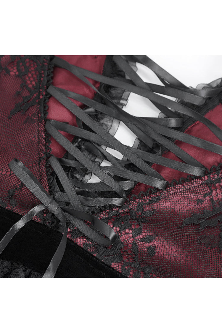 Red Embroidery Stitching Lace Lace-Up Women's Gothic Blouse - Product - 9