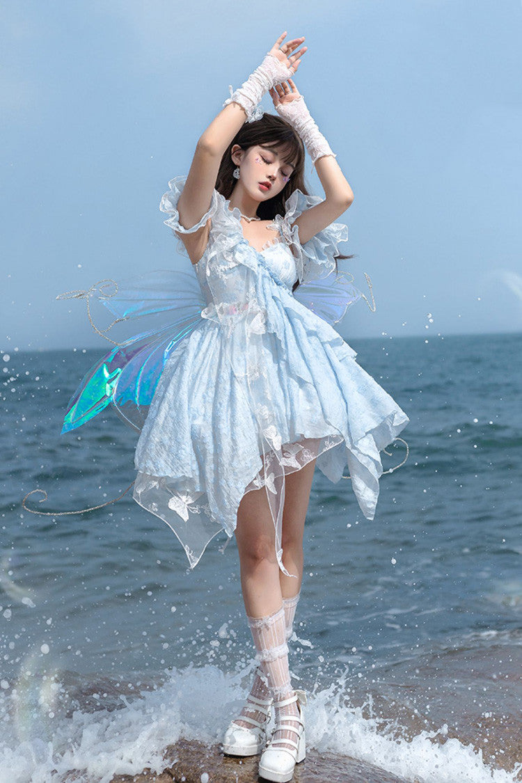 Blue [Summer of Bubbles] Sleeveless Ruffle Embroidery Lace Irregular Short Sweet Lolita Jsk Dress - Product - 5