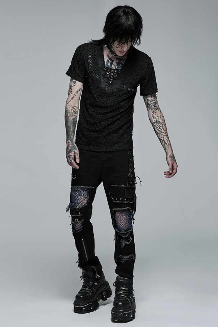Black Short Sleeves Buckle Stitching Mesh Men's Steampunk T-Shirt - Product - 4