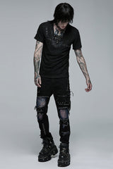 Black Short Sleeves Buckle Stitching Mesh Men's Steampunk T-Shirt - Product - 4