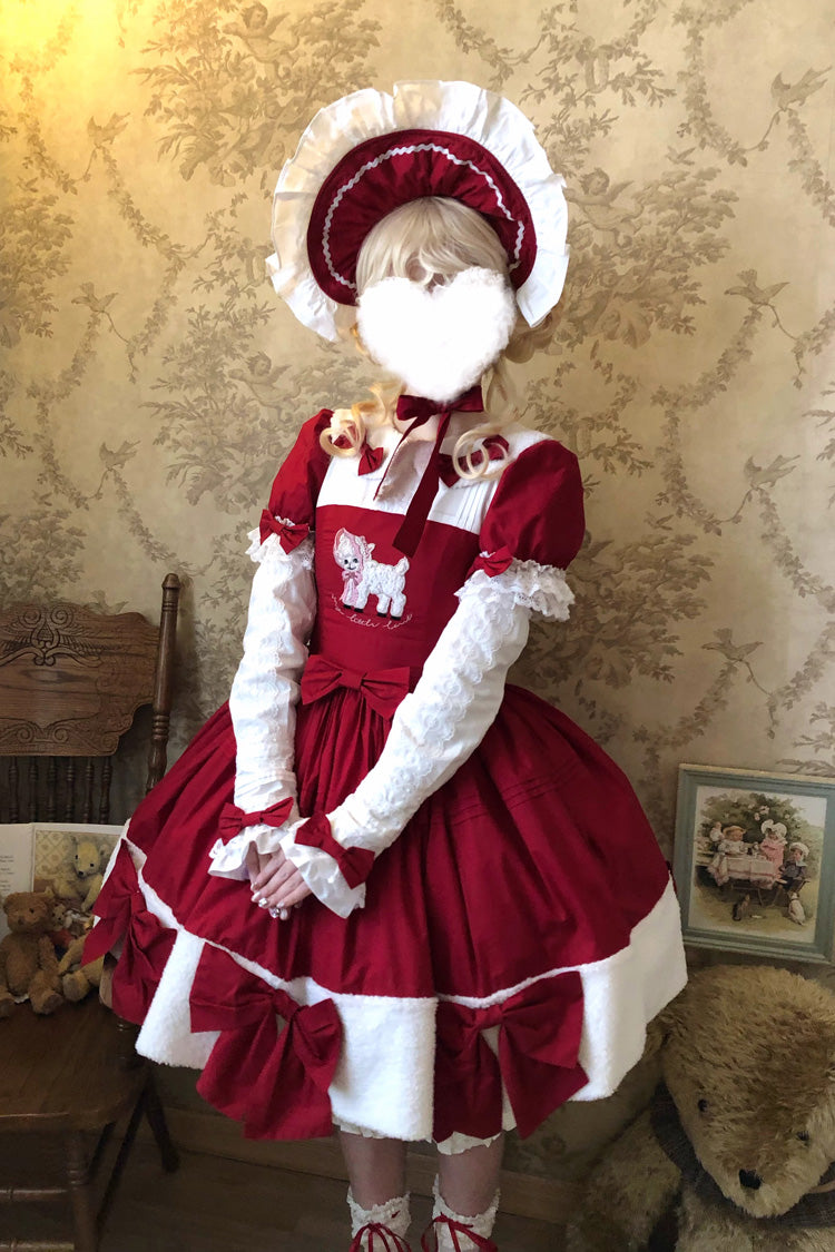 Red [Shepherd Girl’s Poem] Doll Collar Short Sleeves Ruffled Bow Sweet Lolita Dress - Product - 10