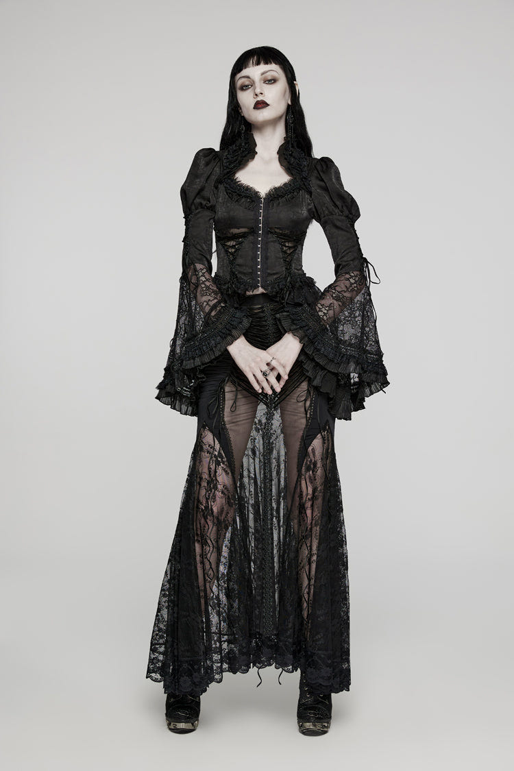 Black Gorgeous Adjustable Tightness Long Puff Sleeves Womens Gothic Blouse - Product - 4