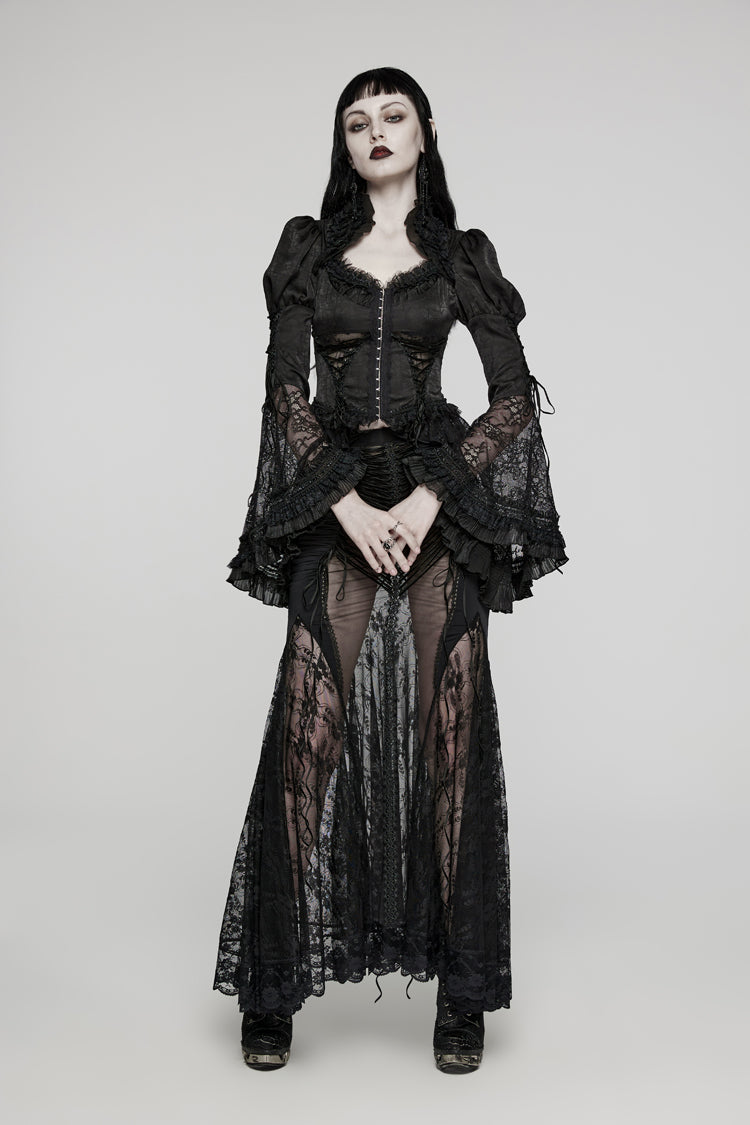Black Gorgeous Adjustable Tightness Long Puff Sleeves Womens Gothic Blouse - Product - 4