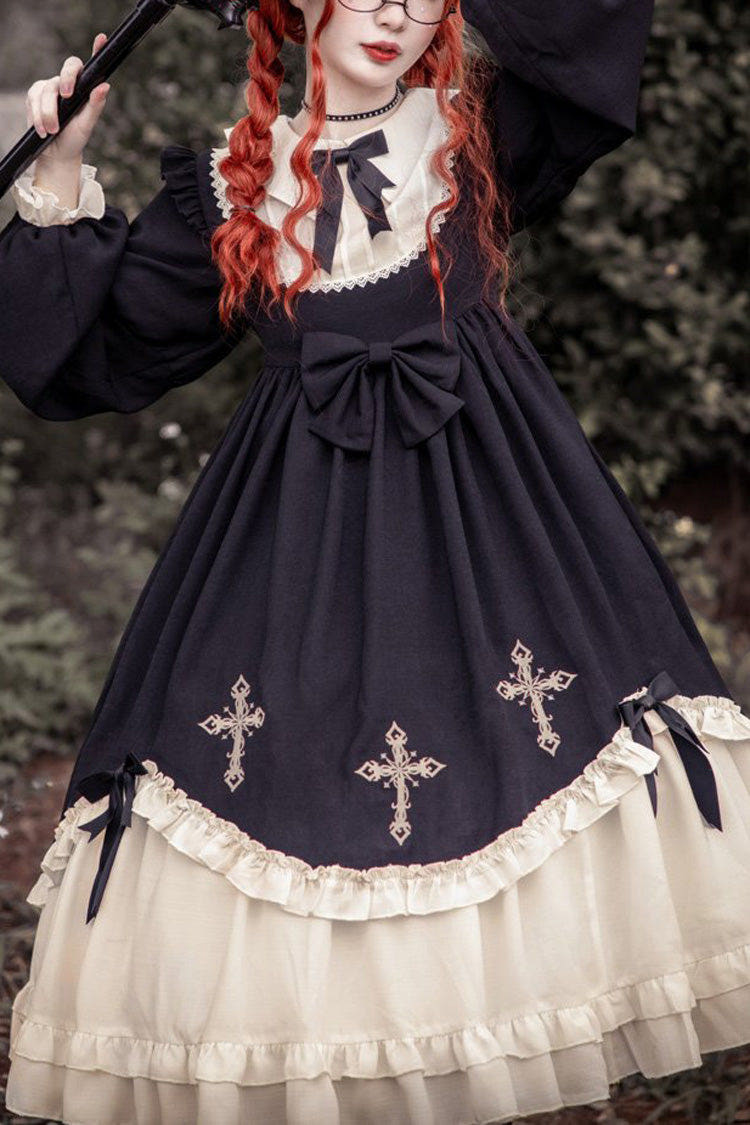Retro Doll Collar Chest Bow Cross Embroidery Print Dark Girl Gothic Lolita OP Dress - Black - 1