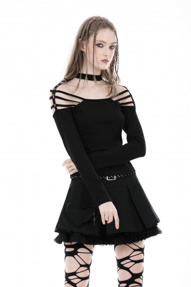 Black Off Shoulder Long Sleeves Cut-Out Buckled Women's Punk Blouse - Black - 1
