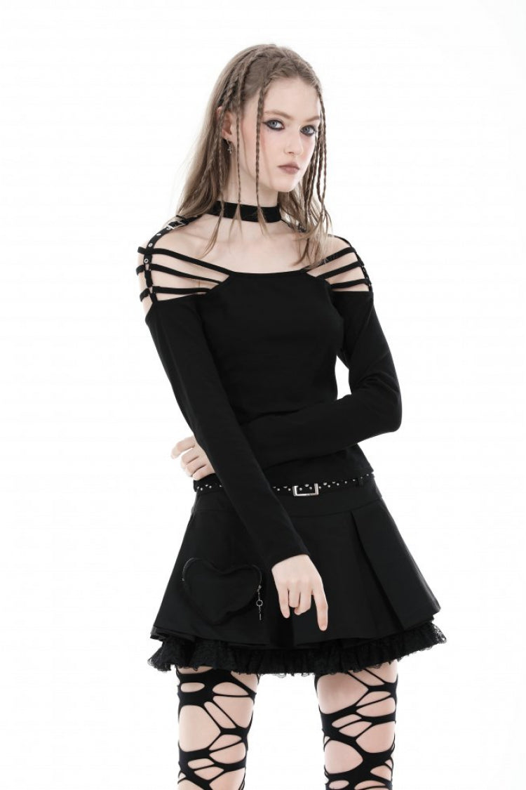 Black Off Shoulder Long Sleeves Cut-Out Buckled Women's Punk Blouse - Black - 1