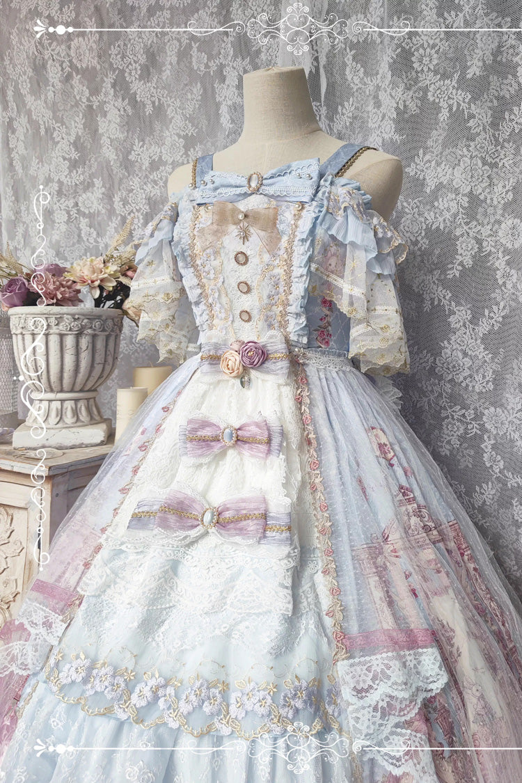 Blue [Moonlight Melody] Off Shoulder Sleeveless Multi-Layered Hanayome Open-Front Bow Lace Sweet Gorgeous Lolita Jsk Dress Set - Product - 10