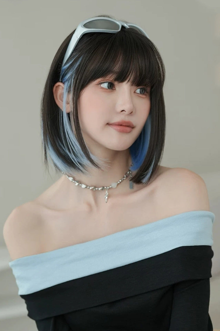 Sky Blue/Black Highlight Natural Face-Framing Clavicle Bob Sweet Lolita Wig - Product - 7