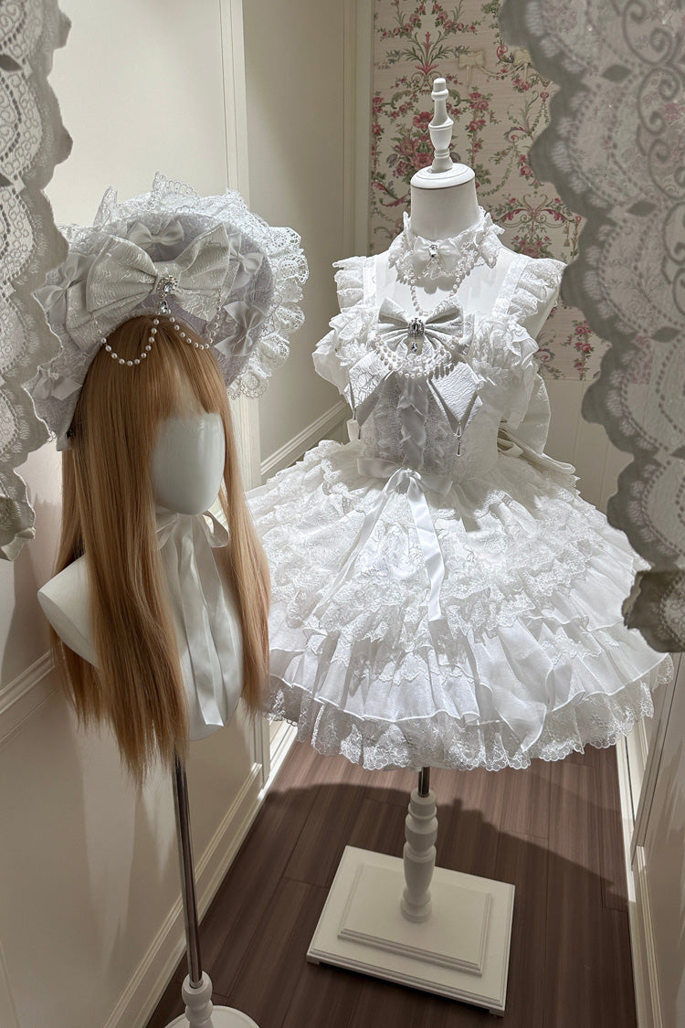 White [Pearl Ballet] Square Collar Sleeveless Multi-Layered Ruffled Bow Lace-Up Pearl-Decorated Sweet Ballet Lolita Jsk Dress - Product - 4