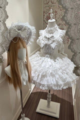 White [Pearl Ballet] Square Collar Sleeveless Multi-Layered Ruffled Bow Lace-Up Pearl-Decorated Sweet Ballet Lolita Jsk Dress - Product - 4