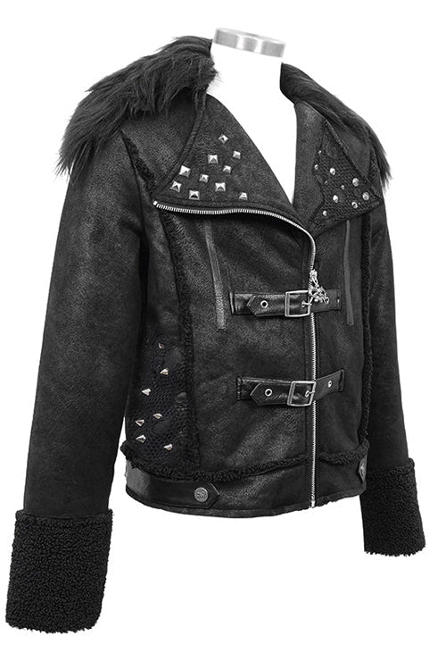 Black Wool Collar Decadent Warm Short Mens Punk Jacket - Product - 4