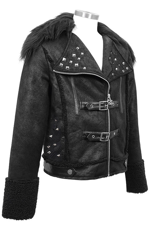 Black Wool Collar Decadent Warm Short Mens Punk Jacket - Product - 4