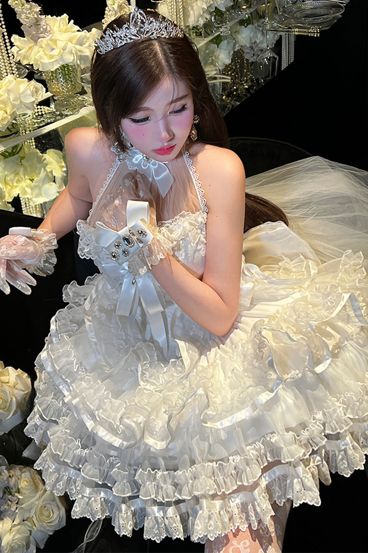 White [Love God Bride] Halterneck Ruffle Hanayome Bowknot Lace Sweet Princess Lolita Jsk Dress - Product - 7