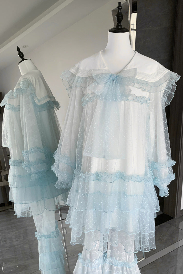 Blue [Sea Salt Soda] Navy Collar Long Sleeves Multi-Layered Ruffled Lace Sheer Jirai Kei Dress - Product - 5