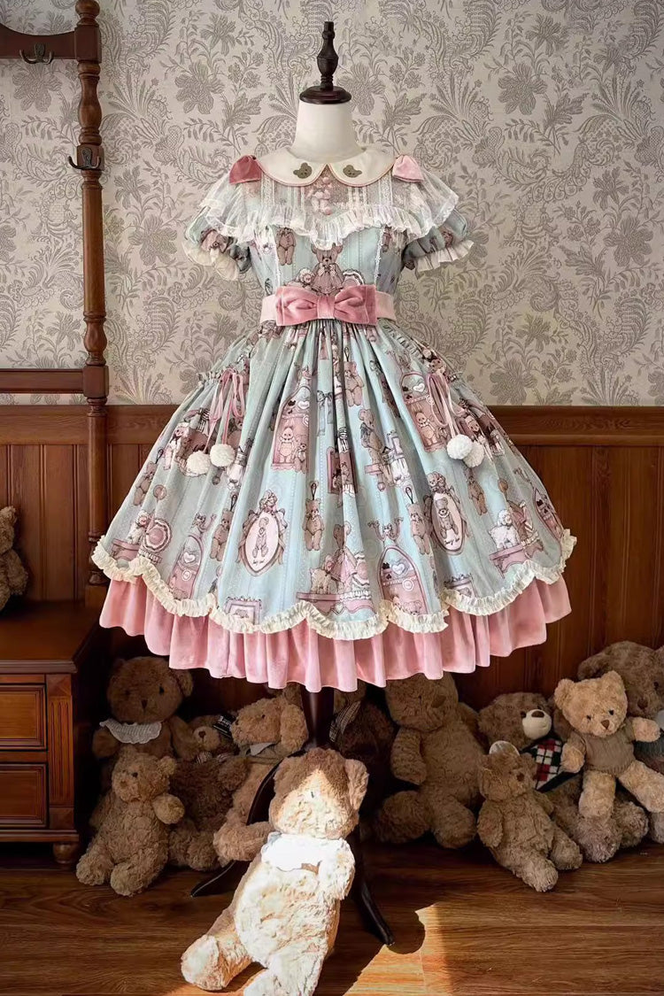 Pink/Green Bear Doll Wall Print Short Sleeves Ruffle Embroidery Bowknot Sweet Lolita Dress - Pink/Green - 1