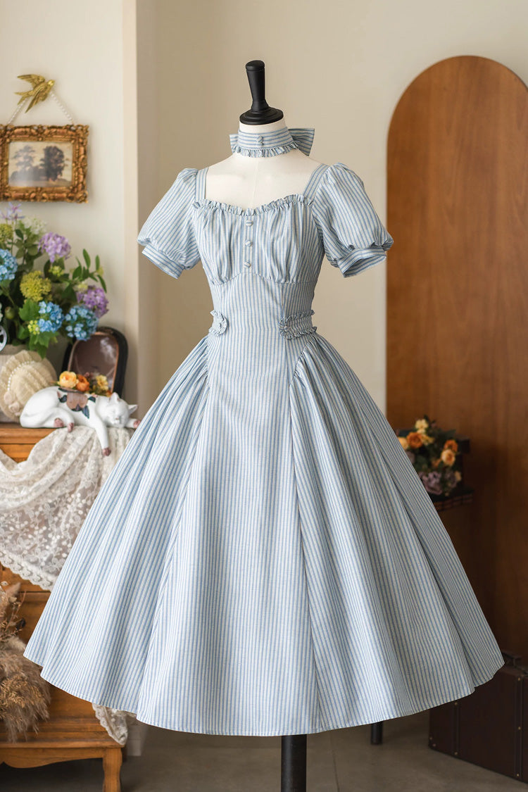 Light Blue [Chantilly Forest] Square Collar Short Sleeves Striped Printed Ruffled Classic Vintage Elegant Lolita Dress - Light-Blue - 1