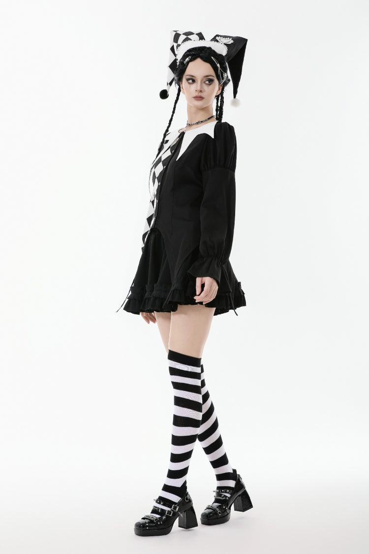 Black/White Harlequin Collar Diamond Pattern Color-Blocked Long Puff Flare Sleeves Women's Gothic Blouse - Product - 8