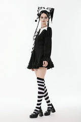 Black/White Harlequin Collar Diamond Pattern Color-Blocked Long Puff Flare Sleeves Women's Gothic Blouse - Product - 8