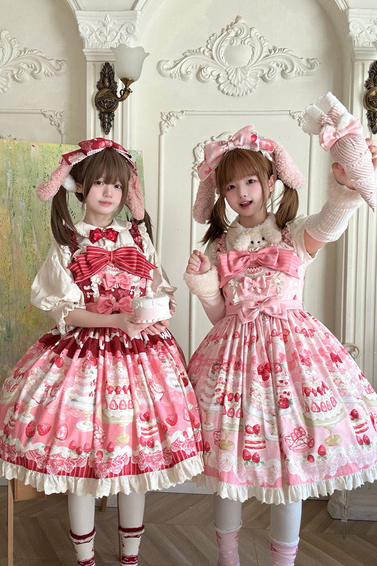 Red/Pink [Strawberry Cake] Printed Ruffled Bow Daily Sweet Lolita Jsk Dress - Product - 3