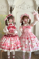 Red/Pink [Strawberry Cake] Printed Ruffled Bow Daily Sweet Lolita Jsk Dress - Product - 3