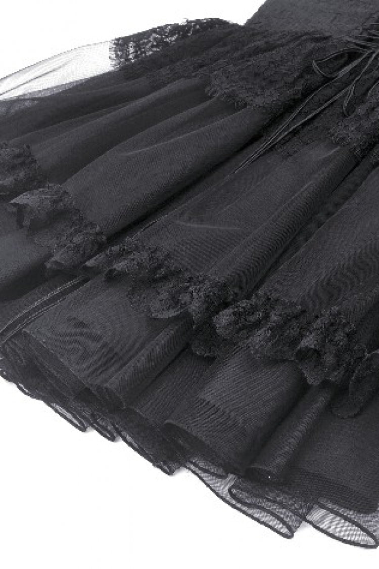 Black V Collar Sleeveless Multi-Layered Lace Trim Lace-Up Women's Gothic Party Slip Graduation Dress - Product - 19