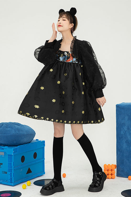 Black Square Neck Organza Print Ruffled Lantern Sleeves High Waisted Sweet Lolita OP Dress - Product - 2