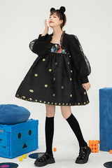 Black Square Neck Organza Print Ruffled Lantern Sleeves High Waisted Sweet Lolita OP Dress - Product - 2