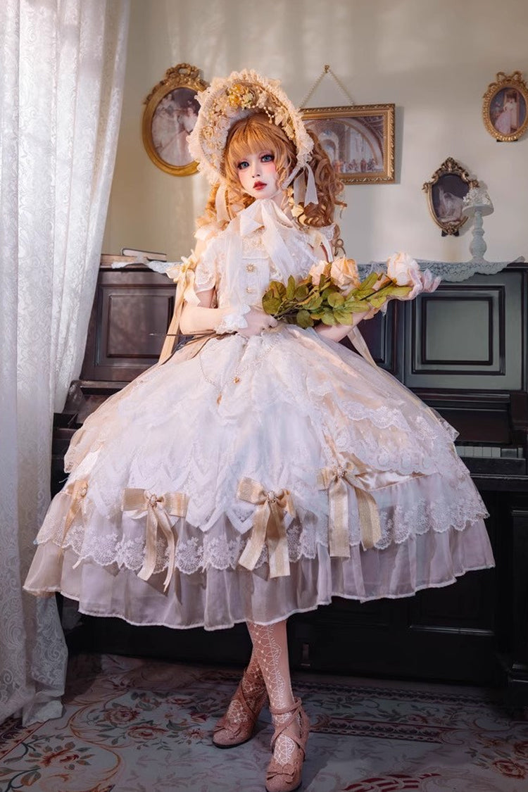 Yellow [Glazed Phantom] Off Shoulder Ruffle Hanayome Bowknot Lace Sweet Elegant Lolita Dress - Yellow - 1