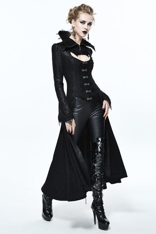 Black Floral Pattern Embroidered Womens Gothic Coat - Product - 2
