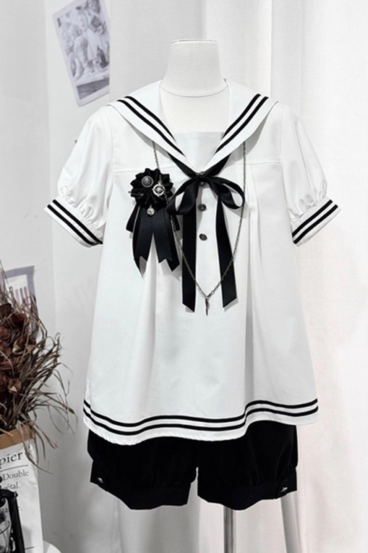 Black/White [Old Stories] Navy Collar Short Sleeves Bowknot Ouji Gothic Lolita Blouse Shorts Set - Product - 11