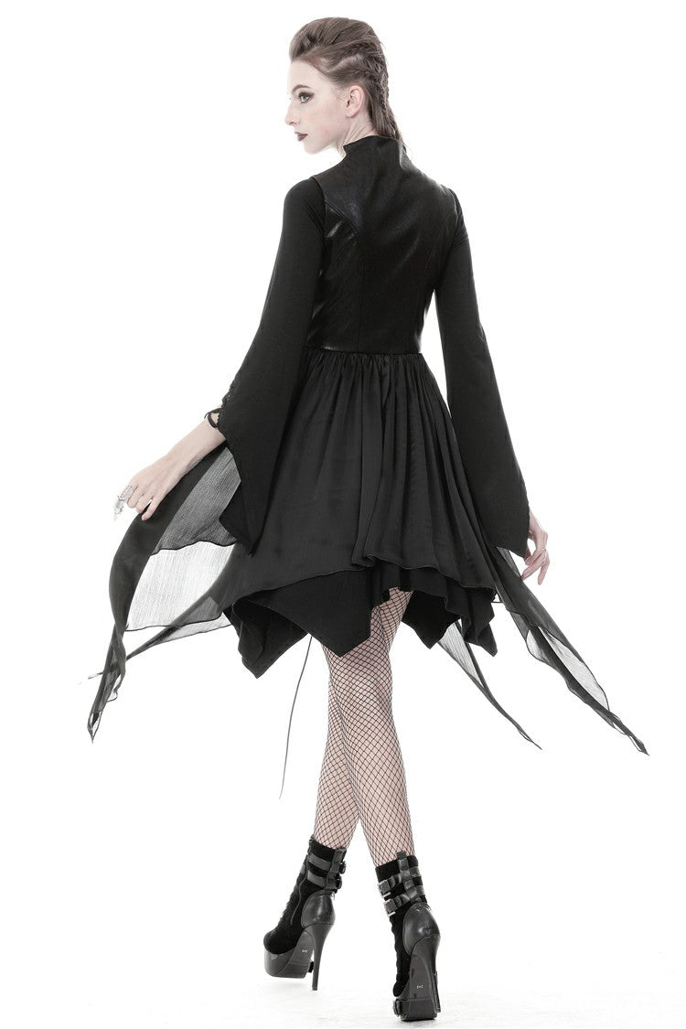 Black Chiffon Sleeveless Cut-Out Chest Irregular Hem Lace-Up Buckled Women's Punk Jacket - Product - 11