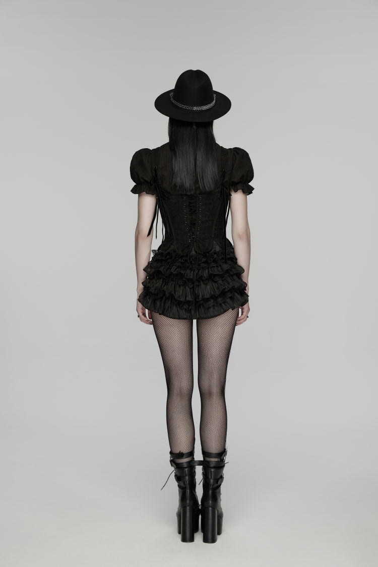 Black Multi-Layered Embroidered Lace Lace-Up Pleated Women's Gothic Shorts - Product - 4