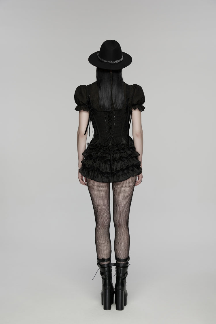 Black Multi-Layered Embroidered Lace Lace-Up Pleated Women's Gothic Shorts - Product - 4