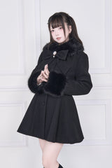 Black Plush Collar Long Sleeves Bowknot Japanese Sweet Lolita Coat - Product - 3