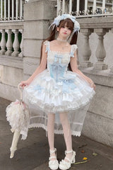 Blue/White [Clouds and Mist] Multi-Layered Ruffle Bowknot Lace Sweet Princess Lolita Jsk Dress - Product - 5
