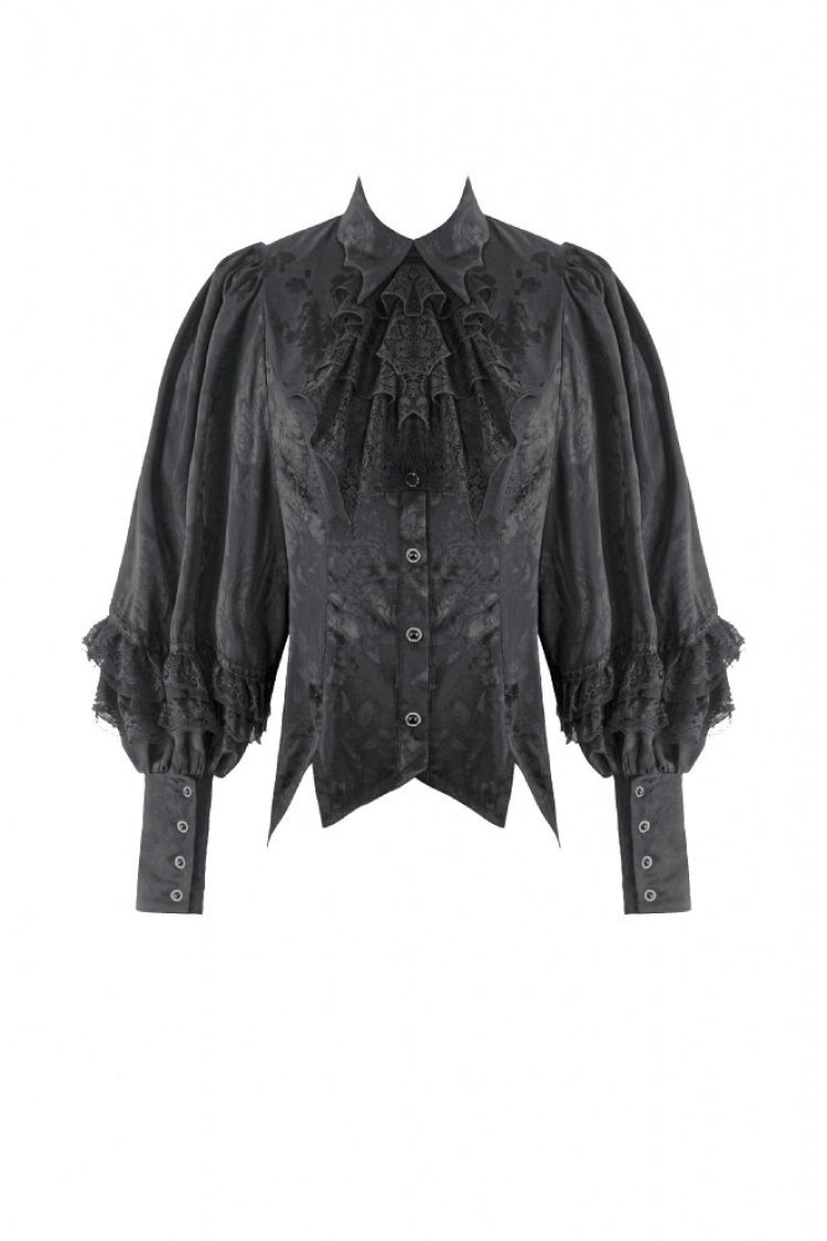 Black Point Collar Long Bishop Sleeves Rose Jacquard Irregular Hem Women's Gothic Blouse with Detachable Tie - Product - 3