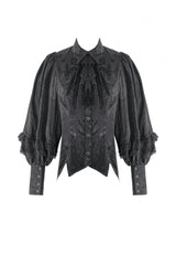 Black Point Collar Long Bishop Sleeves Rose Jacquard Irregular Hem Women's Gothic Blouse with Detachable Tie - Product - 3