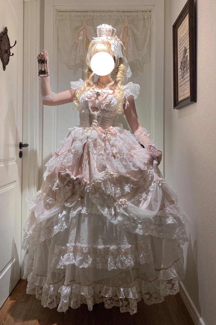 Pink [Anna’s Ball] Square Collar Ruffled Hanayome Bow Lace Sweet Princess Ballet Lolita Jsk Dress - Product - 11