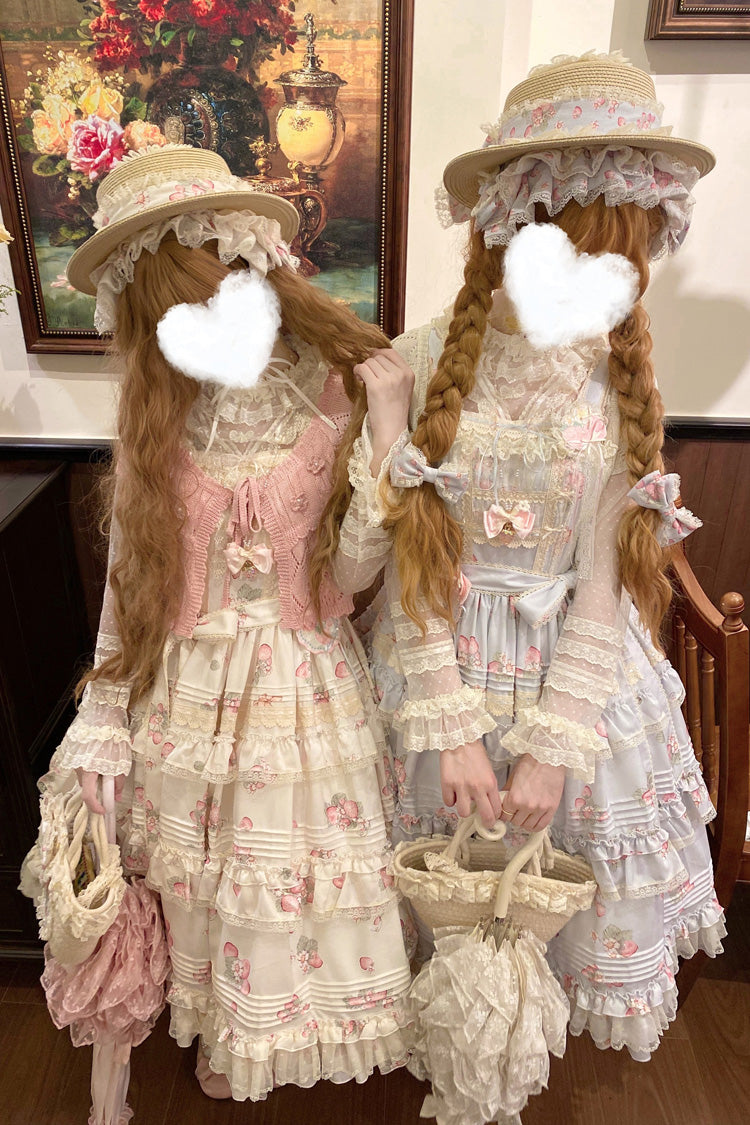[Strawberry Garden] Sleeveless Multi-Layered Printed Ruffled Bow Sweet Lolita Jsk Dress 2 Colors - Product - 7