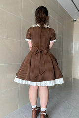 Brown Short Sleeves Stripe Print Ruffle Bowknot Sweet Plus Size Maid Lolita Dress - Product - 4