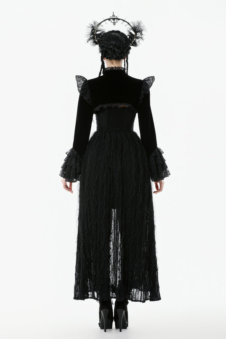 Black Stand Collar Long Flared Sleeves Lace Spliced Velvet Women's Gothic Cape - Product - 4