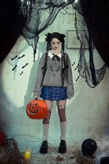 Grey Bowknot Peter Pan Collar Long Sleeves Bat Women's College Style Sweatshirt - Product - 14