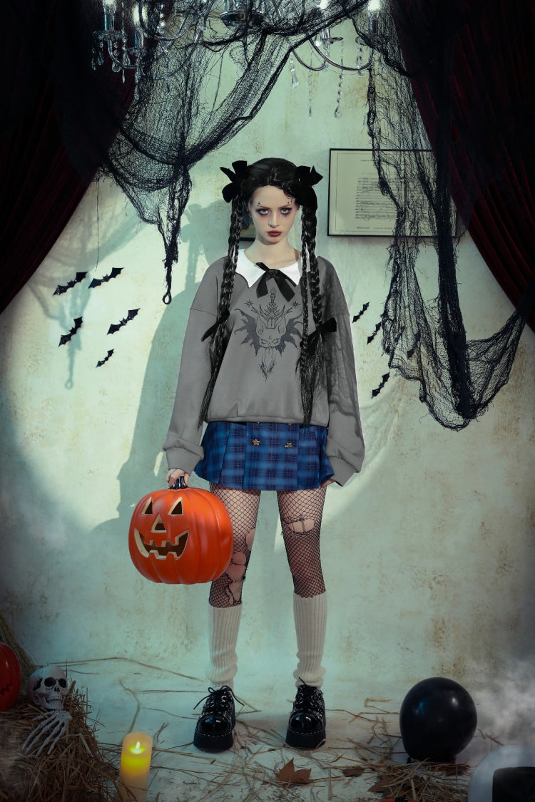 Grey Bowknot Peter Pan Collar Long Sleeves Bat Women's College Style Sweatshirt - Product - 14