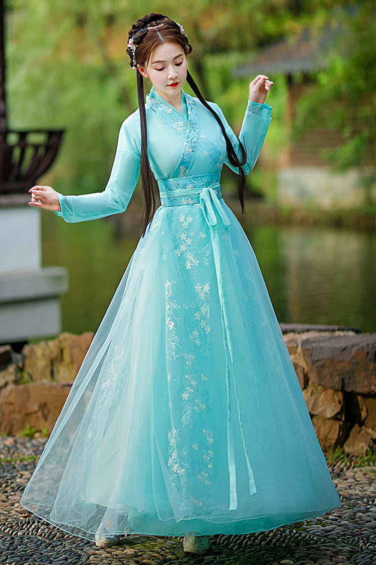 Green Fairy Airy Spring Flower Embroidery Sweet Hanfu Dress - Product - 2