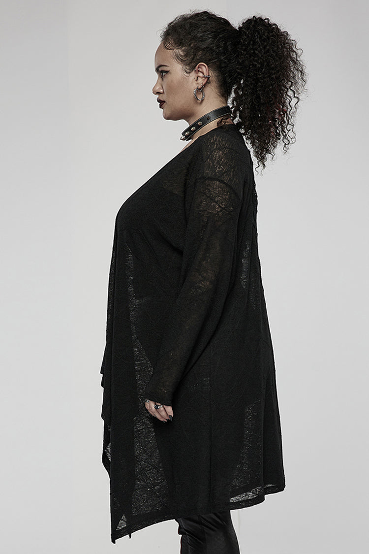 Black Soft Knitting Mottled Texture Asymmetric Hem Skull Decal On The Back Women's Plus Size Gothic Jacket - Product - 3